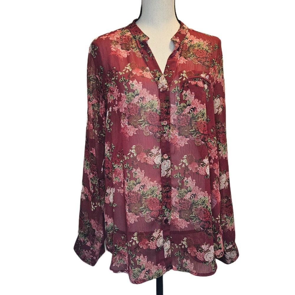 Kut from the Kloth Medium Floral Sheer Button Down Long‎ Sleeve Blouse